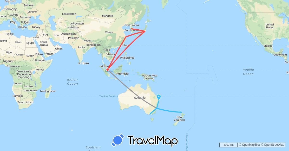 TravelMap itinerary: plane, hiking, boat in Australia, China, Japan, South Korea, New Zealand, Singapore (Asia, Oceania)