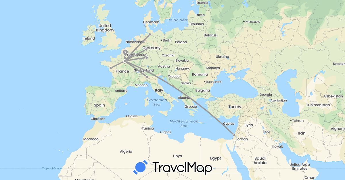 TravelMap itinerary: driving, plane in Belgium, Germany, France, Israel, Italy (Asia, Europe)